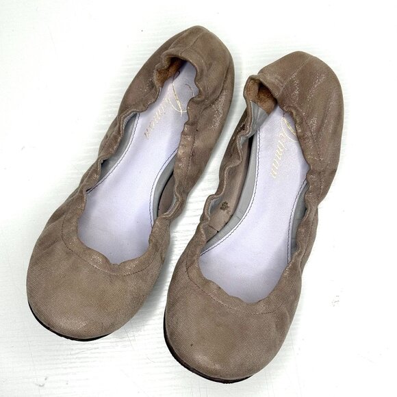 Delman Leather Round Toe Stretch Slip On Ballet Flat 6.5 M Taupe Brown Glitter - Picture 1 of 7